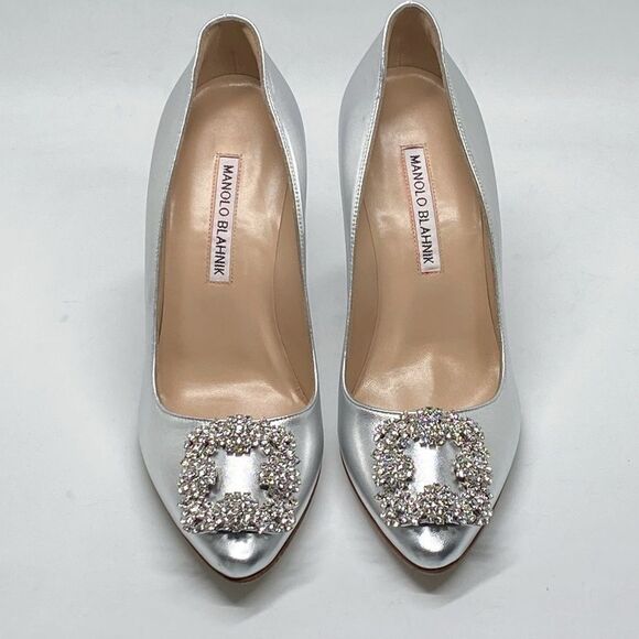 Manolo Blahnik Hangisi 105MM Crystal Buckle Leather Pumps size 37.5 - Picture 4 of 16